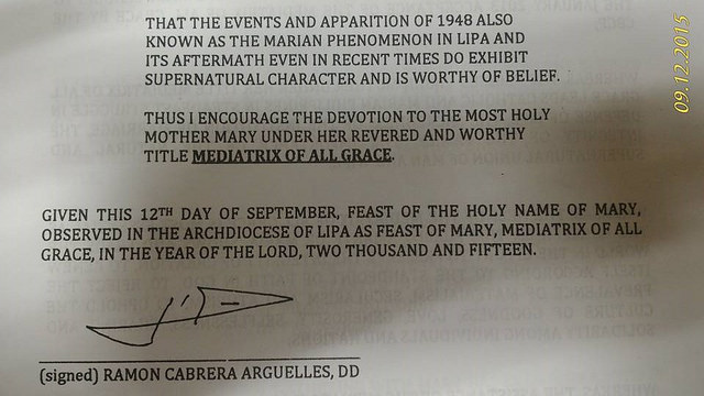 Decreto de reconocimiento de las apariciones de Lipa Decreto de reconocimiento de las apariciones de Lipa